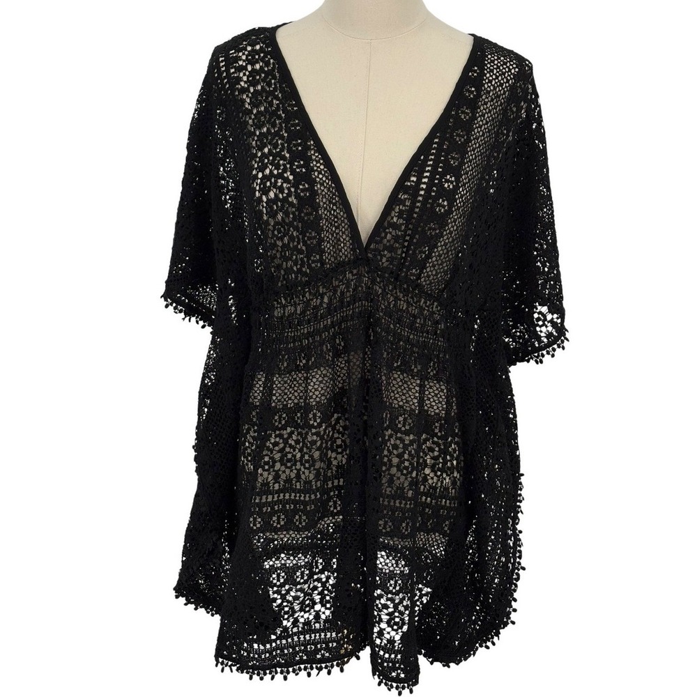 Xhilaration Swim Cover Up Black Crochet Lace Pom Pom Trim XL